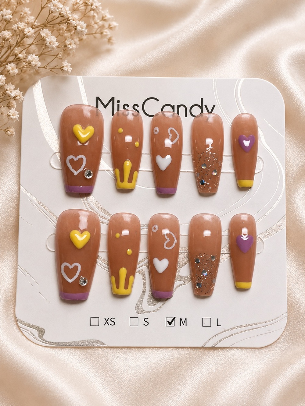 MissCandy Brown Pink & Yellow Heart Press-On Nail Set size Medium